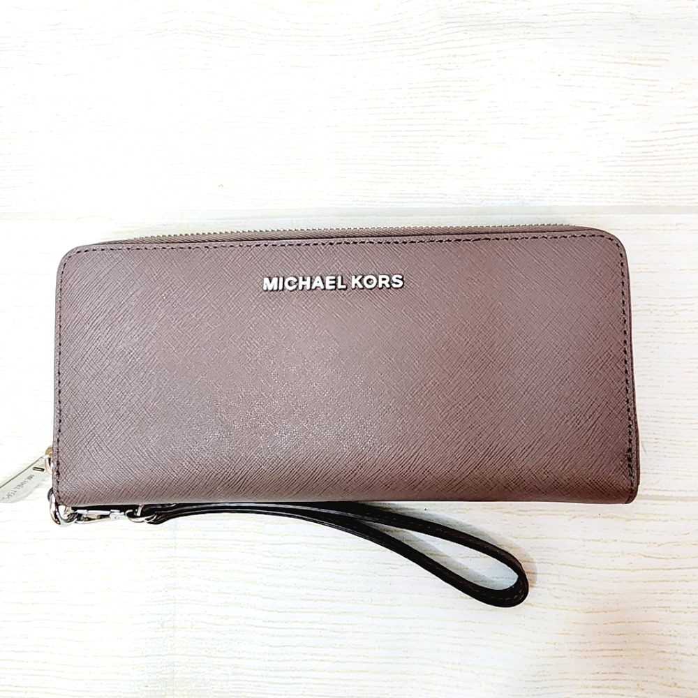 Michael Kors Jet Set Travel Continental Wallet Wristlet Leather Taupe Cinder